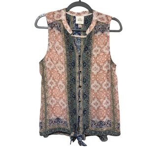 Knox Rose Womens Sleeveless Blouse Top‎ Large Pink Blue Green Floral Tie Front